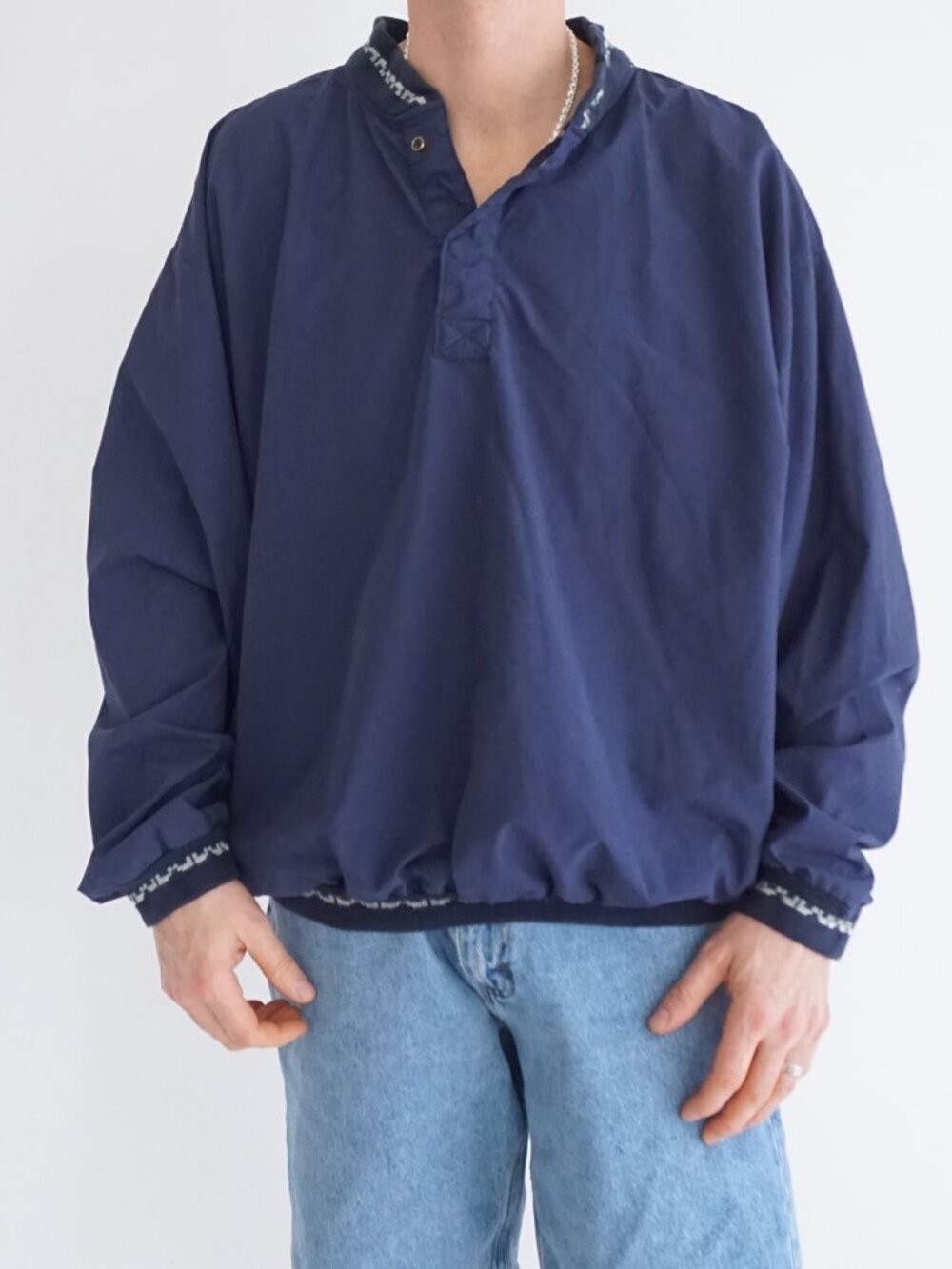 Vintage Canada Navy Aztec Trim Snap Collar Golf Windbreaker Streetwear Jacket XL